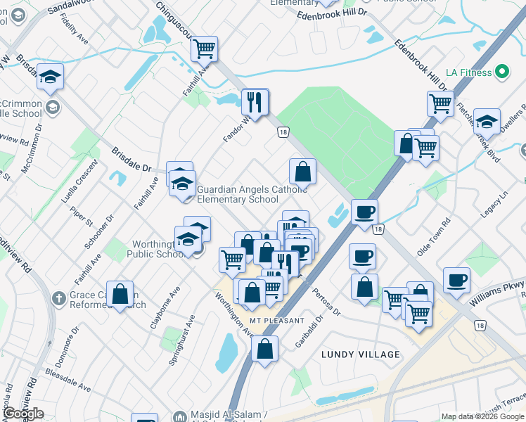 map of restaurants, bars, coffee shops, grocery stores, and more near in Brampton