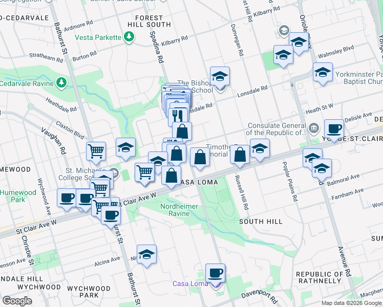 map of restaurants, bars, coffee shops, grocery stores, and more near 359 Spadina Road in Toronto
