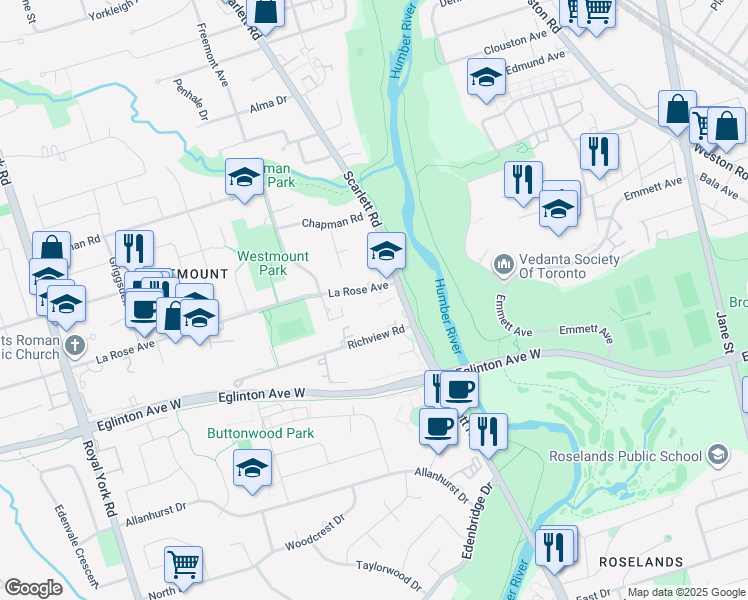 map of restaurants, bars, coffee shops, grocery stores, and more near 15 La Rose Avenue in Toronto