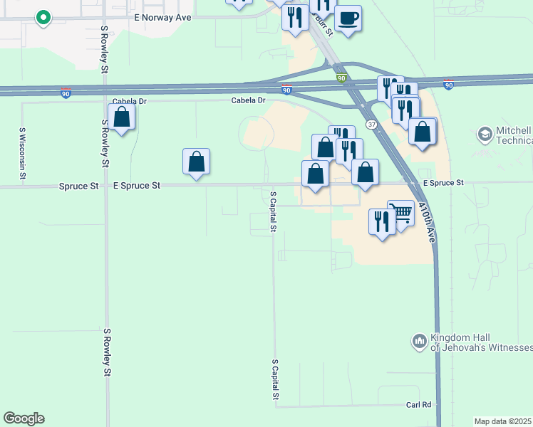 map of restaurants, bars, coffee shops, grocery stores, and more near 2311 South Capital Street in Mitchell