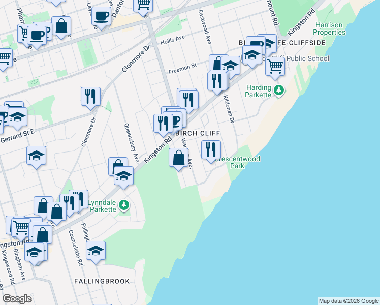 map of restaurants, bars, coffee shops, grocery stores, and more near 127 Warden Avenue in Toronto