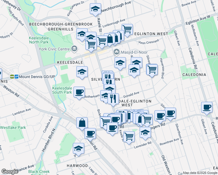 map of restaurants, bars, coffee shops, grocery stores, and more near 1753 Keele Street in Toronto