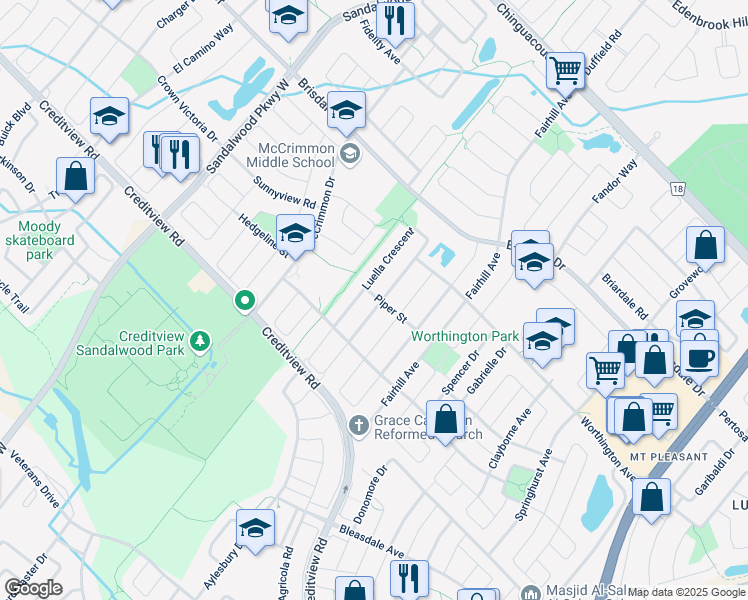 map of restaurants, bars, coffee shops, grocery stores, and more near 35 Luella Crescent in Brampton