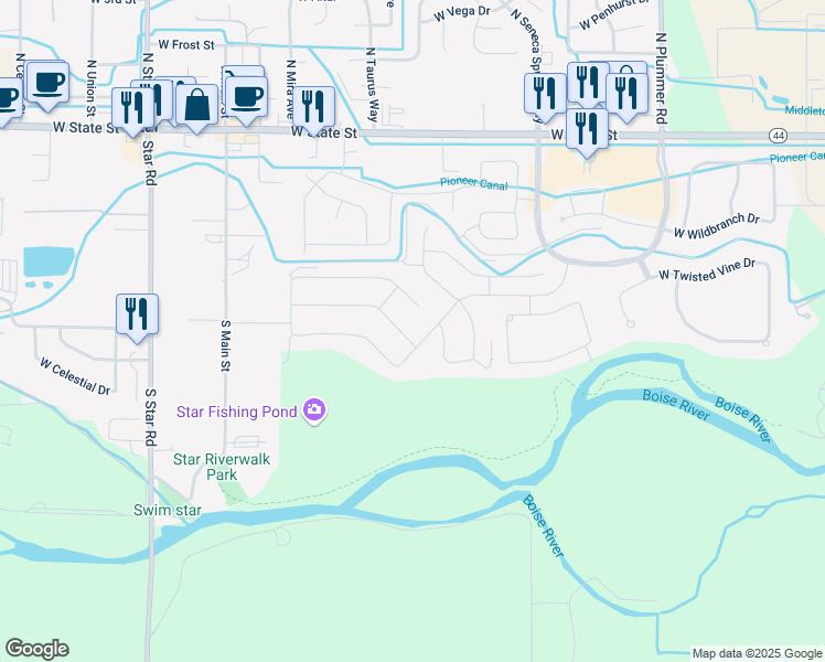 map of restaurants, bars, coffee shops, grocery stores, and more near 10201 West Twisted Vine Drive in Star