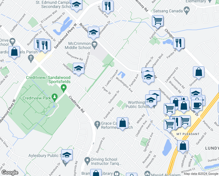 map of restaurants, bars, coffee shops, grocery stores, and more near 42 Capistro Street in Brampton