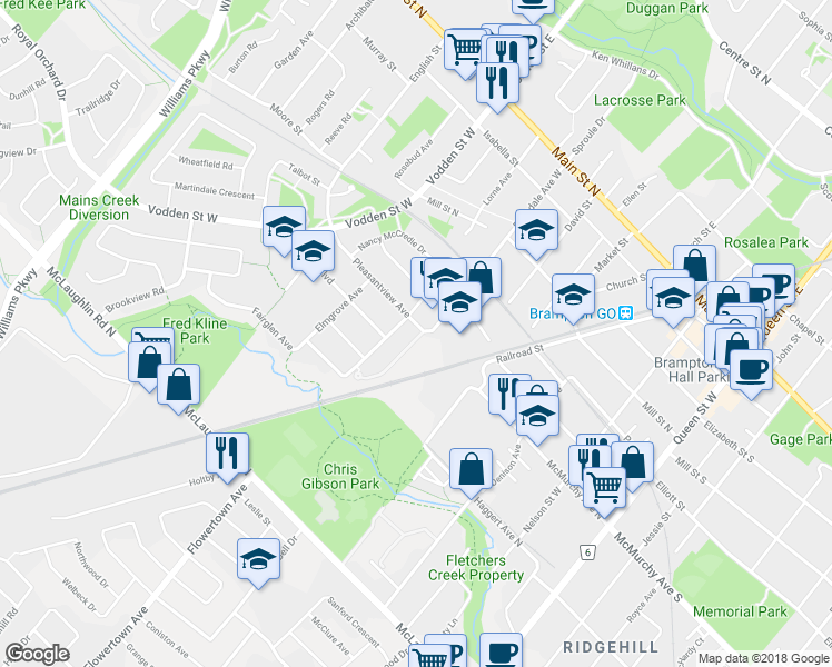 map of restaurants, bars, coffee shops, grocery stores, and more near 1 Pleasantview Avenue in Brampton