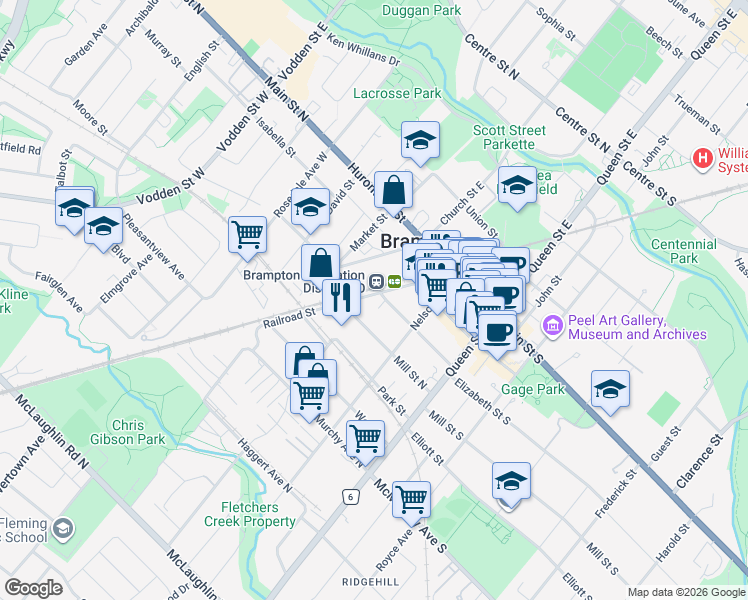 map of restaurants, bars, coffee shops, grocery stores, and more near in Brampton
