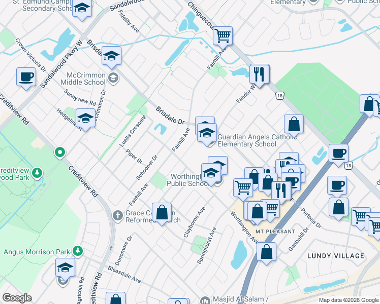map of restaurants, bars, coffee shops, grocery stores, and more near 29 Continental Road in Brampton