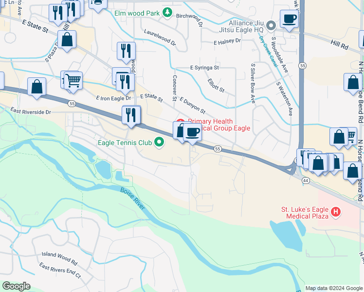 map of restaurants, bars, coffee shops, grocery stores, and more near 1045 South Ancona Avenue in Eagle