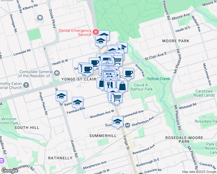 map of restaurants, bars, coffee shops, grocery stores, and more near 1366 Yonge Street in Toronto