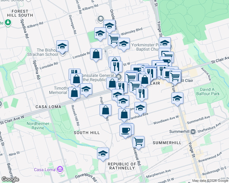map of restaurants, bars, coffee shops, grocery stores, and more near 155 Saint Clair Avenue West in Toronto