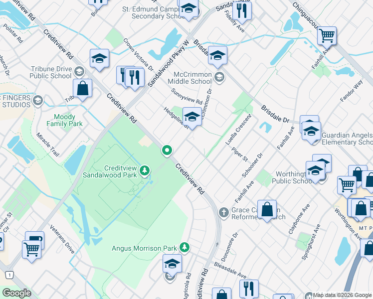 map of restaurants, bars, coffee shops, grocery stores, and more near 48 Dunure Crescent in Brampton