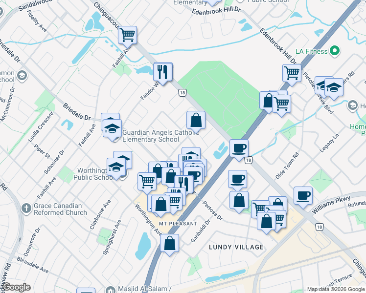 map of restaurants, bars, coffee shops, grocery stores, and more near 35 Grovewood Drive in Brampton