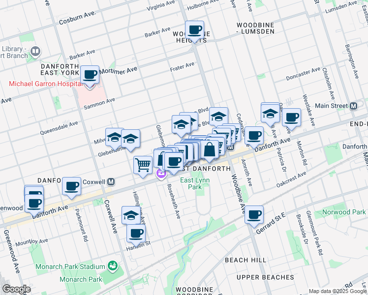 map of restaurants, bars, coffee shops, grocery stores, and more near 327 Wolverleigh Boulevard in Toronto
