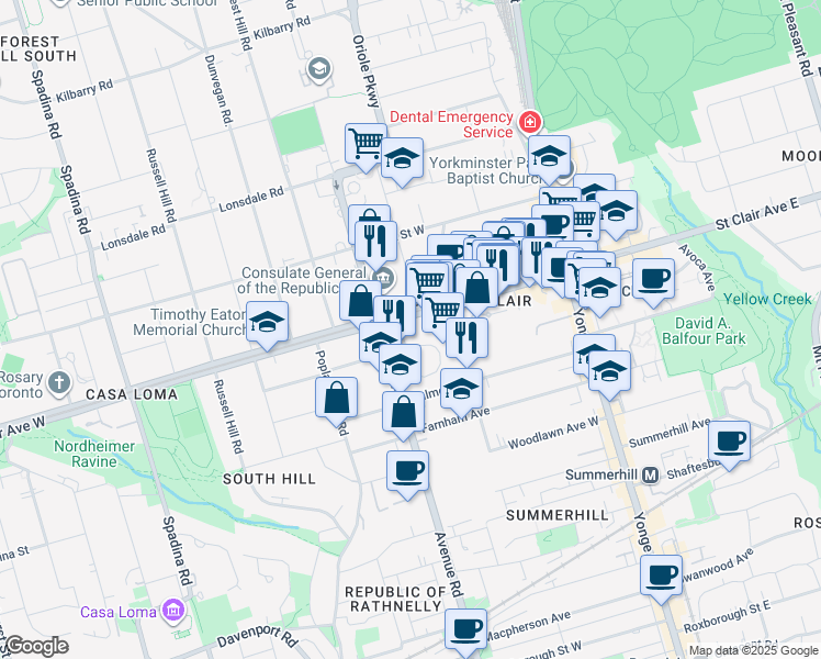 map of restaurants, bars, coffee shops, grocery stores, and more near 99 Foxbar Road in Toronto