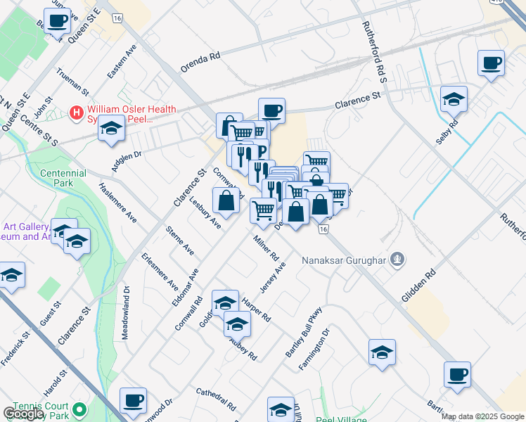 map of restaurants, bars, coffee shops, grocery stores, and more near 47 Cornwall Road in Brampton