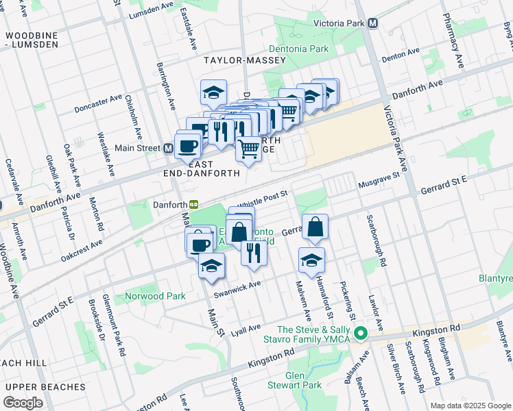 map of restaurants, bars, coffee shops, grocery stores, and more near in Toronto