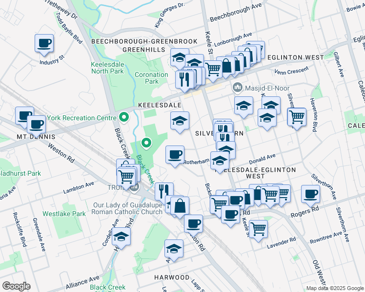 map of restaurants, bars, coffee shops, grocery stores, and more near in Toronto