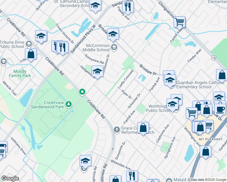 map of restaurants, bars, coffee shops, grocery stores, and more near 23 Luella Crescent in Brampton