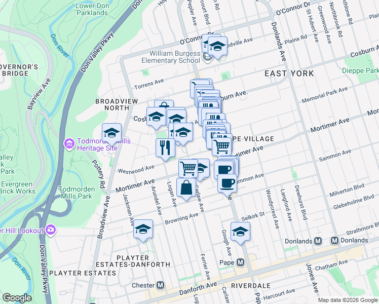map of restaurants, bars, coffee shops, grocery stores, and more near in Toronto