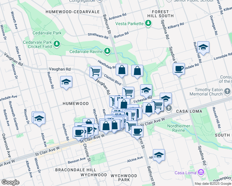 map of restaurants, bars, coffee shops, grocery stores, and more near 120 Raglan Avenue in Toronto