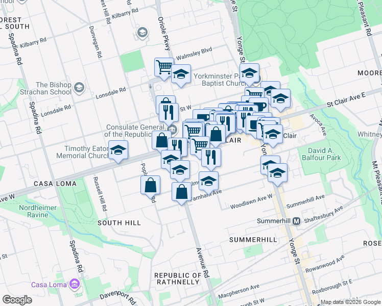 map of restaurants, bars, coffee shops, grocery stores, and more near 101 Saint Clair Avenue West in Toronto