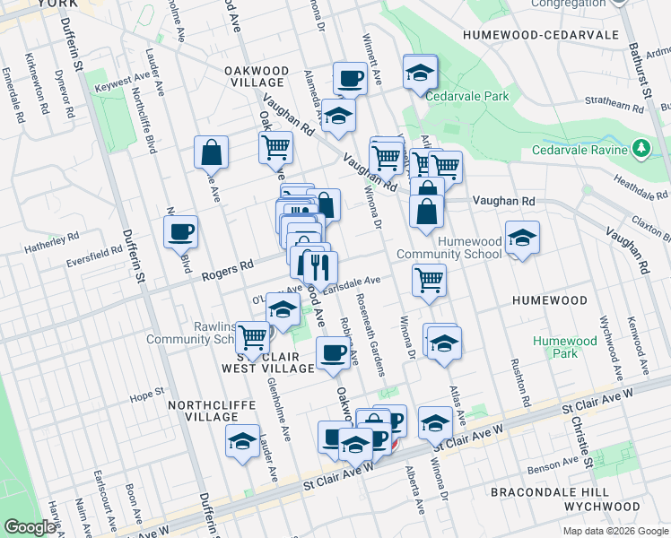 map of restaurants, bars, coffee shops, grocery stores, and more near 49 Holland Park Avenue in Toronto