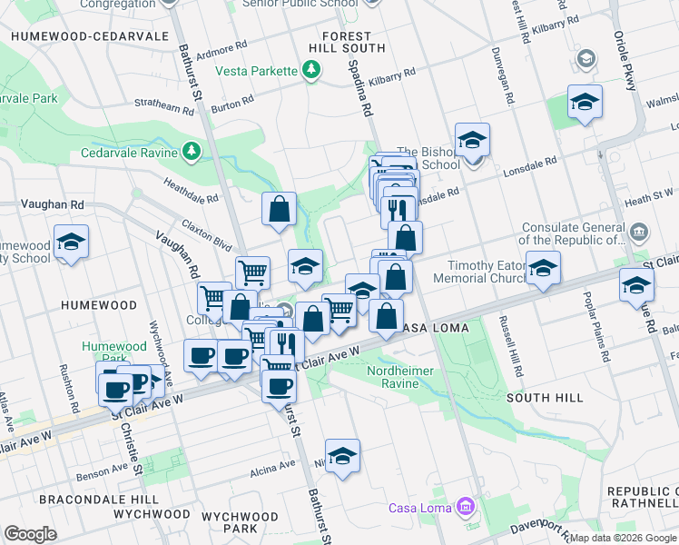 map of restaurants, bars, coffee shops, grocery stores, and more near in Toronto