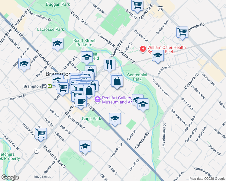 map of restaurants, bars, coffee shops, grocery stores, and more near 22 Peel Avenue in Brampton