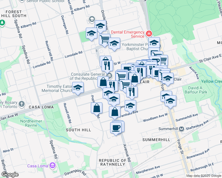 map of restaurants, bars, coffee shops, grocery stores, and more near 135 Saint Clair Avenue West in Toronto