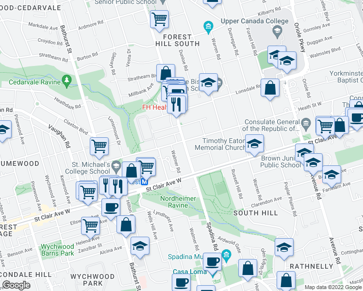 map of restaurants, bars, coffee shops, grocery stores, and more near 366 Spadina Road in Toronto