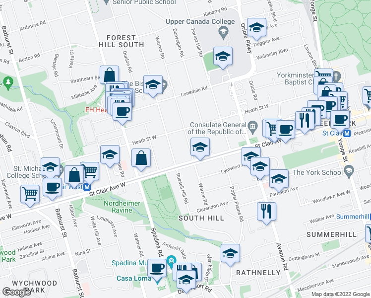 map of restaurants, bars, coffee shops, grocery stores, and more near 106 Warren Road in Toronto
