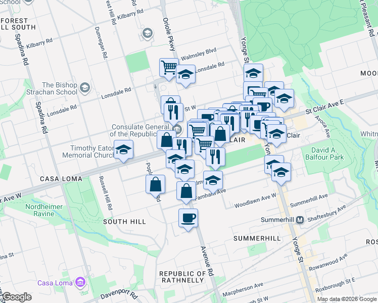 map of restaurants, bars, coffee shops, grocery stores, and more near 99 Foxbar Road in Toronto