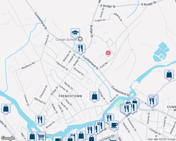 map of restaurants, bars, coffee shops, grocery stores, and more near 15 Woodmont Street in Westbrook