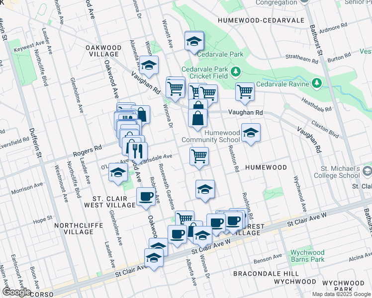 map of restaurants, bars, coffee shops, grocery stores, and more near 345 Winona Drive in Toronto