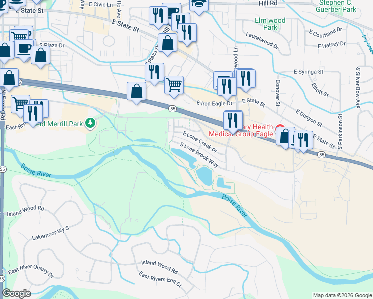 map of restaurants, bars, coffee shops, grocery stores, and more near 1257 East Lone Shore Drive in Eagle