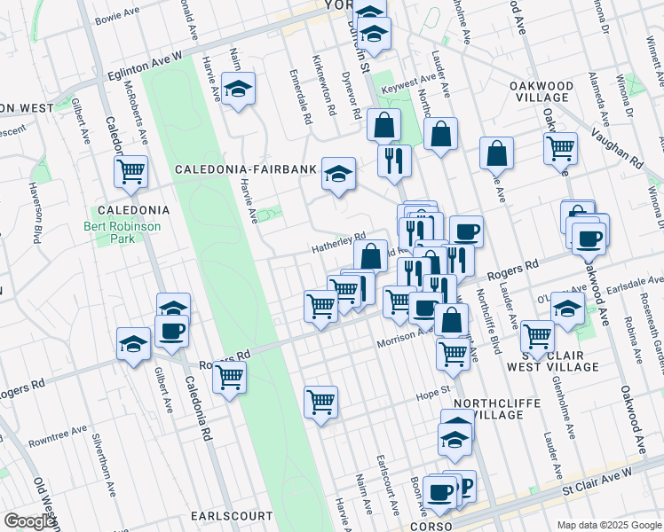 map of restaurants, bars, coffee shops, grocery stores, and more near 54 Eversfield Road in Toronto