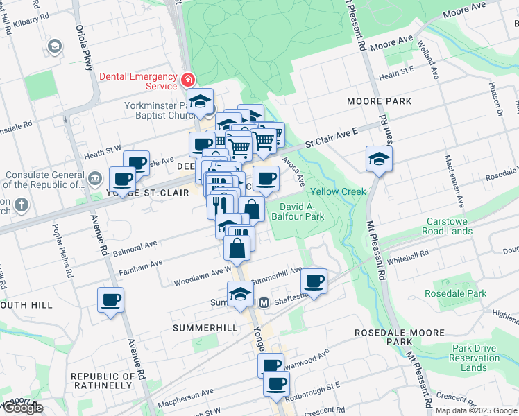 map of restaurants, bars, coffee shops, grocery stores, and more near 33 Rosehill Avenue in Toronto
