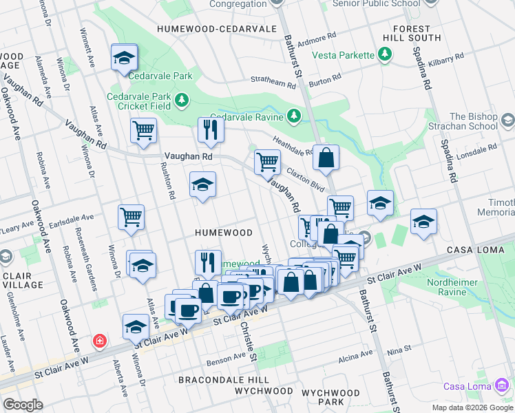 map of restaurants, bars, coffee shops, grocery stores, and more near 277 Wychwood Avenue in Toronto