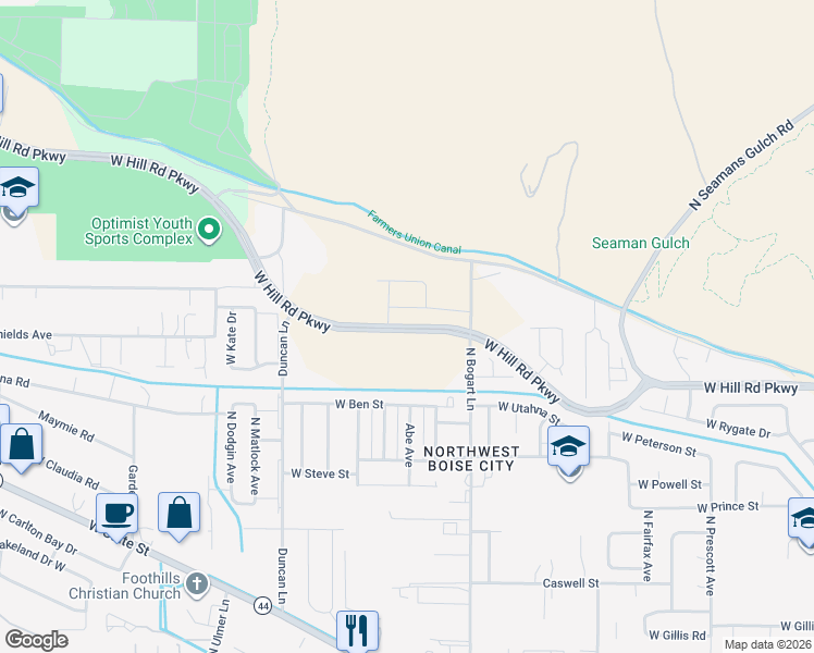 map of restaurants, bars, coffee shops, grocery stores, and more near West Hill Road Parkway in Garden City