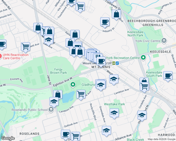 map of restaurants, bars, coffee shops, grocery stores, and more near 3564 Eglinton Avenue West in Toronto
