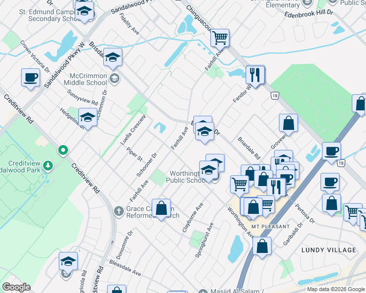 map of restaurants, bars, coffee shops, grocery stores, and more near 32 Continental Road in Brampton
