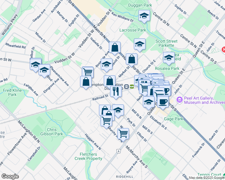 map of restaurants, bars, coffee shops, grocery stores, and more near 45 Railroad Street in Brampton