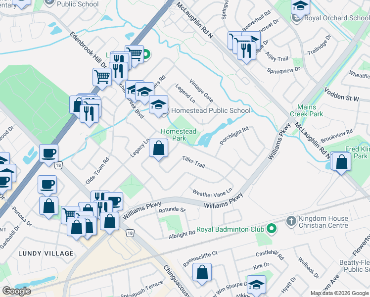 map of restaurants, bars, coffee shops, grocery stores, and more near 101 Tiller Trail in Brampton