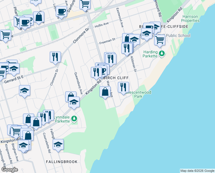 map of restaurants, bars, coffee shops, grocery stores, and more near 154 Warden Avenue in Toronto