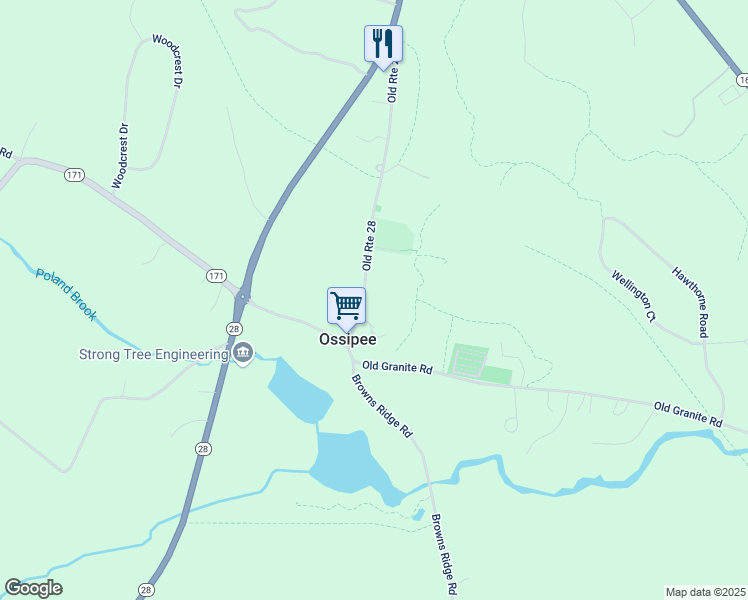 map of restaurants, bars, coffee shops, grocery stores, and more near 95 Old Route 28 in Ossipee