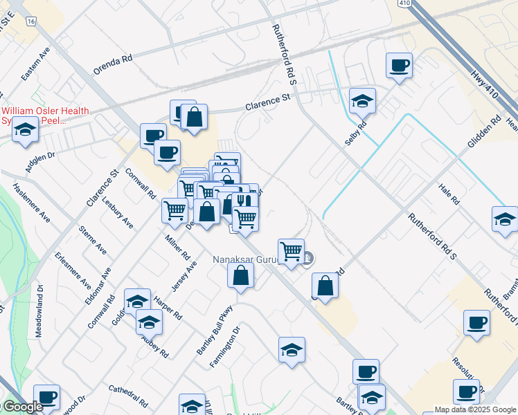 map of restaurants, bars, coffee shops, grocery stores, and more near in Brampton