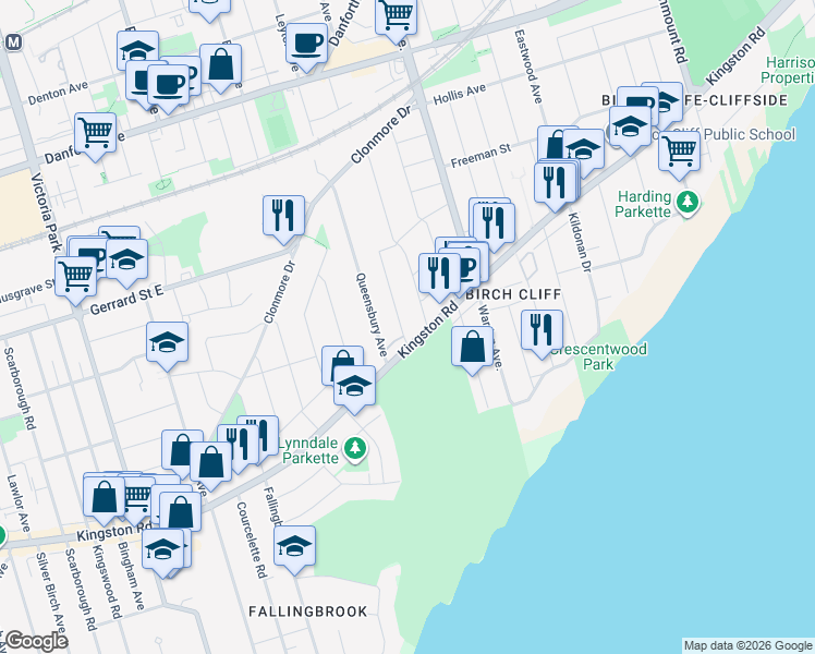 map of restaurants, bars, coffee shops, grocery stores, and more near 149 Audrey Avenue in Toronto