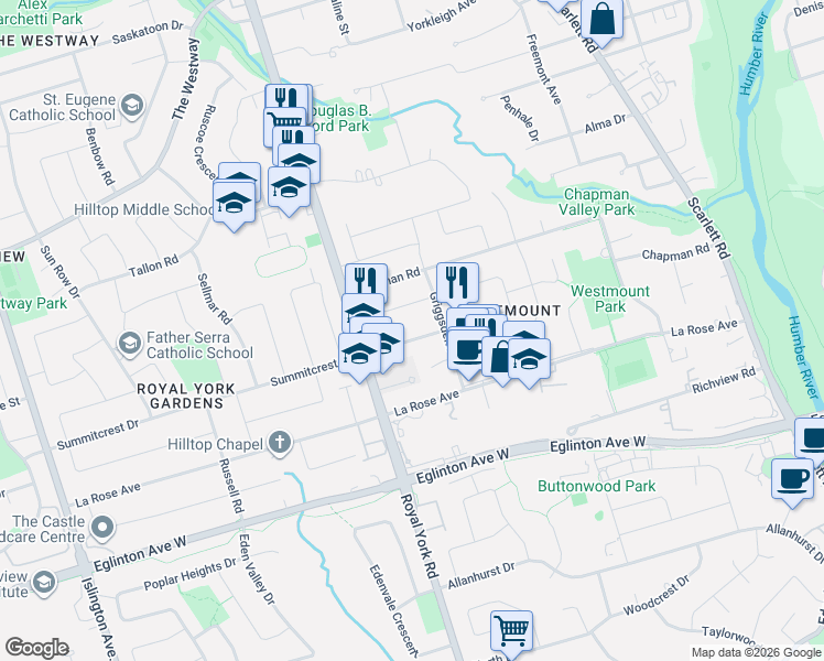 map of restaurants, bars, coffee shops, grocery stores, and more near 38 Renault Crescent in Toronto