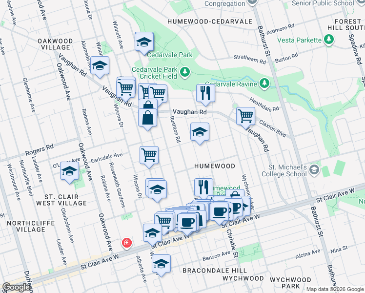 map of restaurants, bars, coffee shops, grocery stores, and more near 507 Rushton Road in Toronto